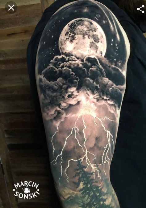 Night Sky Tattoos, Natur Tattoo Arm, Storm Tattoo, Image Zen, Sky Tattoos, Lightning Tattoo, Tattoo Background, Mens Shoulder Tattoo, Omerta Tattoo