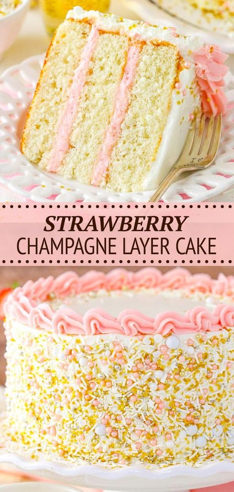 Made with layers of soft, moist champagne cake and a combination of fresh strawberry buttercream and silky champagne frosting, this delectable cake will turn heads at any celebration. Whether it’s a graduation, a 21st birthday or a holiday weekend, it’s a great time to indulge in this Strawberry Champagne Layer Cake! Strawberry Champagne Cake, Booze Cakes, Flavoured Cakes, Champagne Frosting, Cake With Strawberry Frosting, Champagne Cake Recipe, Pink Recipes, Pink Champagne Cake, Strawberry Things