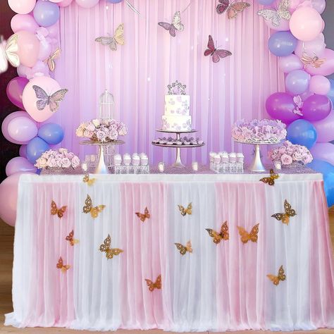 PRICES MAY VARY. 🦋【Equipped with 3D Butterfly Wall Stickers】: Each table skirt is equipped with 24 Pcs 3D Butterfly 3 sizes for add vitality to your room or party. One pack high-quality easy-to-apply velcros to fixed table skirt, easy to install. 🌈【Tulle Table Skirt Cloth Material】: The table skirt is made of 2 layers, including upgraded shiny tulle material and 1 layer wrinkle lining cloth. Washable, natural drooping, wrinkle resistant, durable, to bring you a different surprise. 🎉【Wide Rang Table Decoration For Birthday Party, Pink Flower Birthday Party, Butterfly Baby Shower Ideas, Baby Activity Table, Pink Tulle Table Skirt, Baby Shower Decor Ideas, Elephant Decorations, Hello Kitty Birthday Theme, Butterfly Birthday Party Decorations