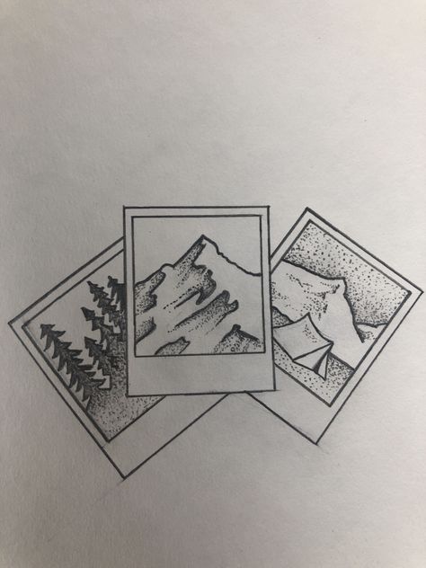 Tiny Landscape Tattoo, Granola Patchwork Tattoos, Poloroid Tattoo Simple, Framed Mountain Tattoo, Colorado Stamp Tattoo, Fine Line Landscape Tattoo, Poloroid Tattoo Idea, Small Camping Tattoo, Roadtrip Tattoo