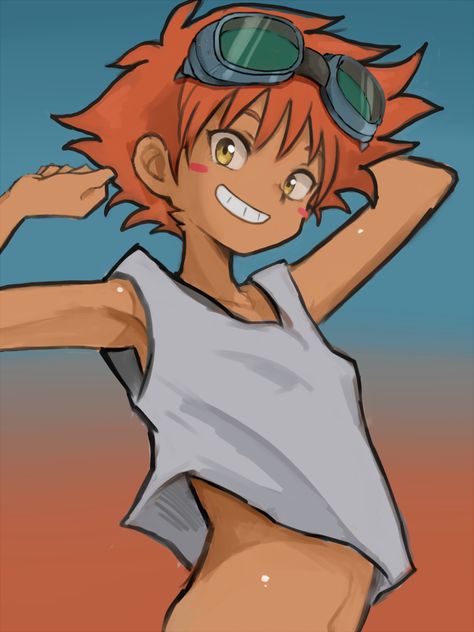 Safebooru - 1girl arms up bangs blush stickers cowboy bebop dark skin edward wong hau pepelu tivrusky iv goggles goggles on head gradient gradient background grin konarofu looking at viewer navel orange hair shirt short hair smile solo tank top teeth white shirt yellow eyes | 2835255 Goggles Drawing Character Design, Cowboy Bebop Fanart, Goggles Drawing, Goggles On Head, Cowboy Bebop, Manga Pictures, Cartoon Art Styles, Girl Drawing, Anime Demon