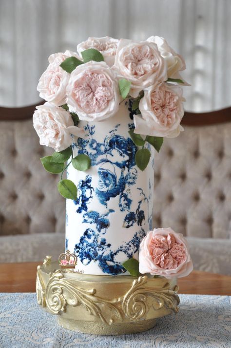 Flower Vase Cake, Vase Cake, Cake In A Can, 60th Birthday Cakes, Spring Cake, Blue Cakes, Bridal Shower Cake, Iron Orchid Designs, Fashion Cakes