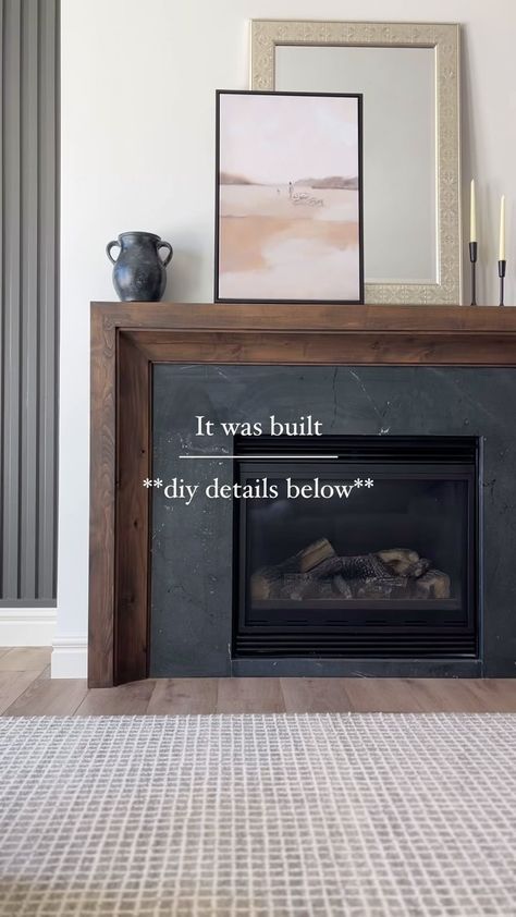 Andrea Nelson | Home Decor | Interior Decorating | How to DIY our fireplace mantle ⤵️ I get messages from people requesting the link to our mantle regularly. It’s custom built by... | Instagram Diy Fire Mantel, Stained Fireplace Mantle, Modern Fireplace And Tv Wall Ideas, Fireplace Surrounds Ideas, Art Tv Over Fireplace, Mantel Without Fireplace Ideas, Build Fireplace Mantle, Mock Fireplace Ideas, Update Mantle