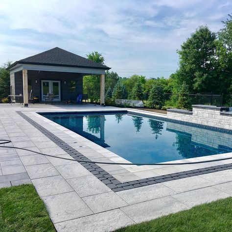 Killarney Landscaping on Instagram: “We are nearing completion on this beautiful modern looking backyard. Almost 3000 square ft of interlock. What a great combination of stone…” Interlock Around Pool, Pool Cabana, Killarney, Pool Ideas, Outdoor Gardens, Landscaping, Dream House, Pool, Square