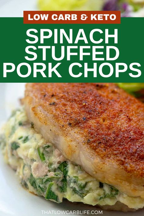 Our Low Carb Spinach Stuffed Pork Chops are a simple meal that’s naturally low carb while still packing in a whole lot of flavor! These stuffed pork chops are easy to prepare and always a hit with friends and family. Keto Pork Recipes Low Carb, Low Carb Dinner Pork Chops, No Carb Pork Chop Dinner, Pork Chops And Spinach Recipe, Pork Chop Recipes Low Calorie, Keto Stuffed Pork Chops, Keto Goddess, High Protein Low Carb Pork Chop Recipes, Healthy Stuffed Pork Chops