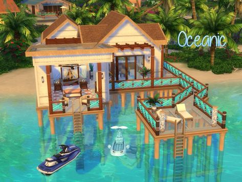 Sims 4 Sulani House Ideas, Sims 4 Ocean House, Minecraft Floating House Water, Sims 4 Island Living House, Beach House Bloom, Sims 4 Beach House, Beach House Layout, Cozy Beach House, Beach House Plan