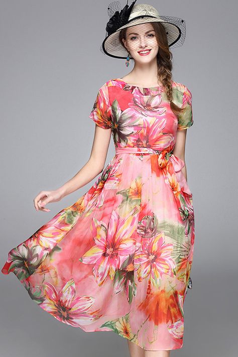 One Piece Dress Knee Length, Floral Chiffon Dress, Pink One Piece, Chiffon Midi Dress, Dress Knee Length, Floral Chiffon, One Piece Dress, Knee Length Dresses, Sewing Dresses