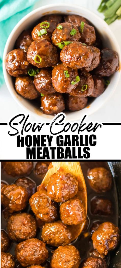 These Honey Garlic Meatballs are sweet with a little bit of heat. Made easy in the slow cooker, they are perfect for dinner or to serve as an appetizer. | www.persnicketyplates.com Honey Garlic Meatballs Crockpot Slow Cooker, Honey Meatball Recipes, Slow Cooker Honey Garlic Meatballs, Honey Teriyaki Meatballs, Slow Cooker Meatballs Appetizers, Crockpot Meatball Recipes Appetizers, Crock Pot New Years Recipes, Homemade Slow Cooker Meatballs, Meatball Recipes Slow Cooker