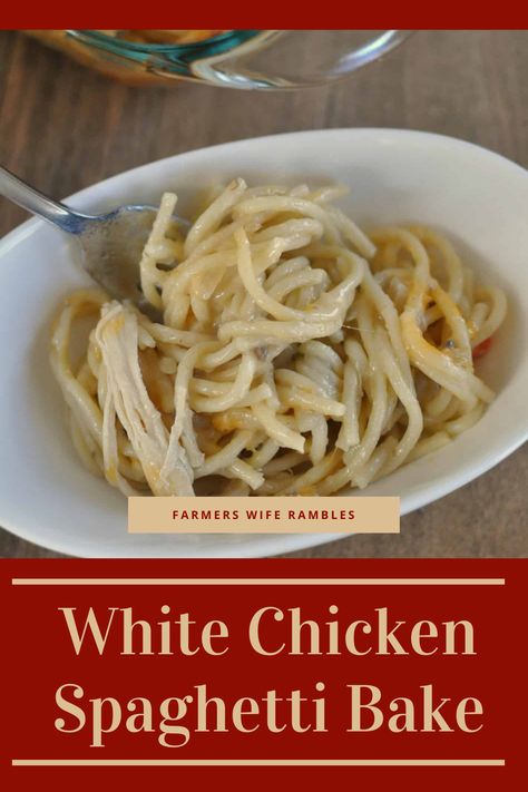 This recipe for White Chicken Spaghetti Bake will make two 9×13 pans. Serve one for dinner and freeze the other one or give one to a new mom. White Chicken Spaghetti Bake, Chicken Speggetti Recipes, White Chicken Spaghetti, Chicken Spaghetti Bake, Speggetti Recipes, Baked Chicken Spaghetti, Spaghetti Bake, Spaghetti Noodles, Chicken Spaghetti