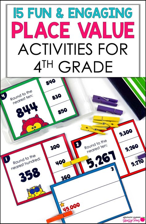 15 fun place value activities for 4th grade! Perfect for 3rd and 5th grade, too! Includes place value worksheets, ideas for teaching place value, fun games, and a printable chart. Have a place value party, do a place value project, or even solve some fun word problems. These creative lesson ideas are just the ticket for grade 4 maths class! Math Place Value Games, Interactive Place Value Activities, Fun Place Value Activities, Place Value 4th Grade, Place Value Math Games, Teaching Place Value, Place Value Games, Commutative Property, Teaching Place Values