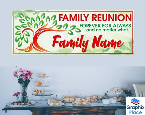 "Family Reunions are exciting to reunite with your loved ones. We can help you decorate your Reunion Banner. This Family Reunion Banner with the quoted line \"Forever For always\" is a way to express the family bond that exsist. The perfect way to remember spouses, Aunts, Uncles Grandpa, Grandma, and Cousins celebrating Family gatherings. This banner can be a backdrop or an additional party decoration and is great for the Family Party Decor. The personalized family reunion banner can be personal Family Reunion Banner Ideas, Family Reunion Signs, Family Reunion Banners, Reunion Party Ideas, Reunion Party, Name Banner, Event Banner, Family Picnic, Banner Sizes