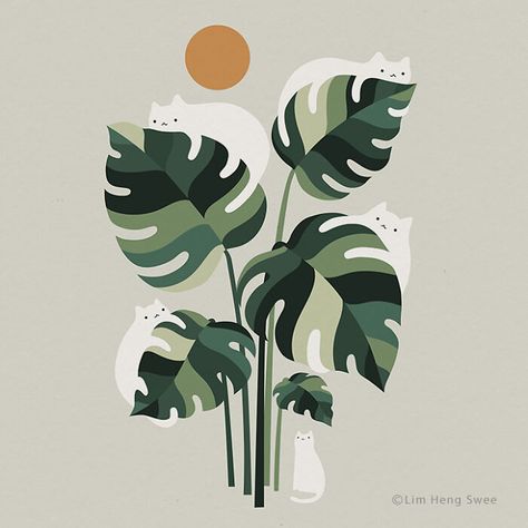 I Created A Series Of Minimal Illustrations With Cats And Monstera Plants (14 Pics) 귀여운 음식 그림, Monstera Plant, Plant Drawing, Art Et Illustration, Space Cat, Plant Illustration, Art And Illustration, Art Series, Plant Art