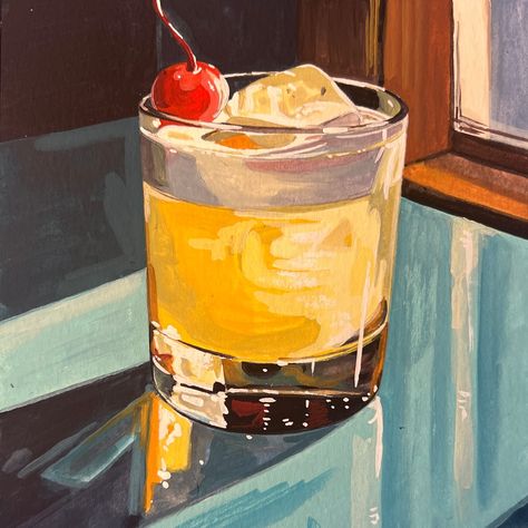 Whiskey Sour Illustration, Cocktail Painting Acrylic, Cocktail Painting, Whiskey Sour Cocktail, Drink Design, Painting References, Painting Styles, Foodie Art, Sour Cocktail