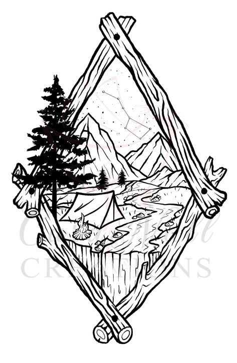 Popular Drawings Ideas, Woodsy Drawing, Camping Tattoo For Women, Wyoming Tattoo Ideas, Outdoor Tattoos For Men, Camp Tattoo, Outdoor Graphics, Camping Tattoo, Camping Stickers