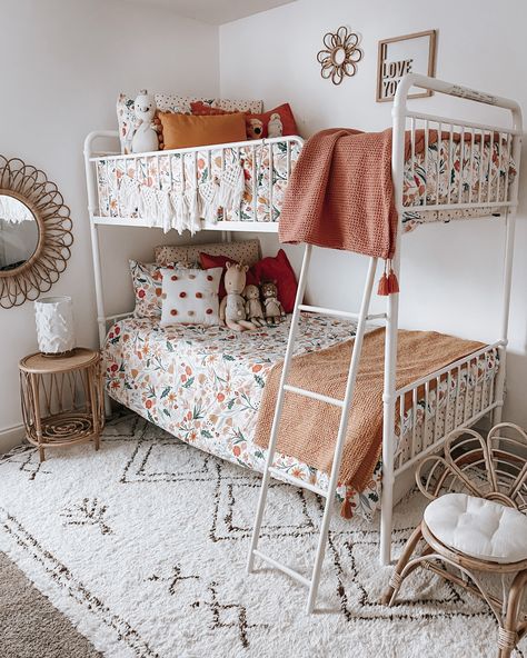 Bunk bed. Twins bedroom. Target girls decor. Rattan girls room. Pillowfort decor. Girls Room Twin Bedding, Sister Room Bunk Bed, Bunk Bed For Twins, Bedroom Ideas For 2 Sisters Bunk Beds, Twin Bedroom Bunk Beds, Boho Room With Bunk Beds, Twin Bed Boho Bedroom, Boho Bedding Target, Pillowfort In The Garden