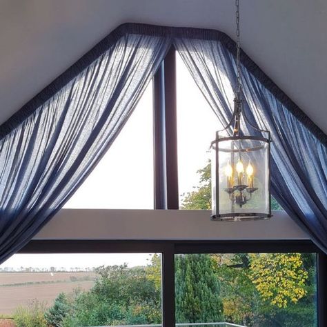 Melissa Hutcheson Interiors on Instagram: "I used these lovely blue sheers to create a dramatic frame effect on these apex windows. Fabric: Premier Voile Romaire . . . #apexwindows #curtains #voile #sheer #homedesignideas #interiorstyles #windowdressings #curtainsandblinds #bluevoile #shadesofblue💙" Apex Windows, Apex Window, Blue Sheers, Window Dressings, Shades Of Blue, Blinds, To Create, Curtains, House Design