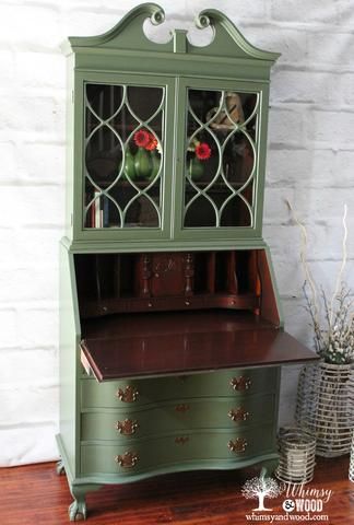 Painted Secretary Desk Ideas, Secretary Desk Ideas, Painted Secretary Desks, Painted Secretary, Secretary Desk Makeover, Vintage Secretary Desk, Antique Secretary Desks, Wood Secretary Desk, Green Painted Furniture