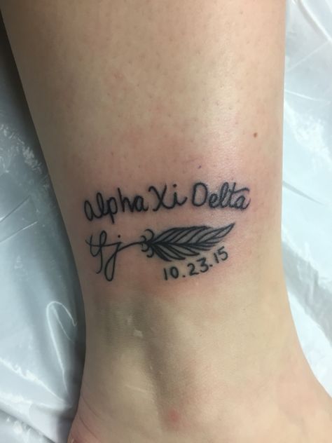 Alpha Xi Delta tattoo #axid #quill #tfj Sorority Tattoo Ideas, Sorority Tattoo, Delta Tattoo, Quill Tattoo, Words Tattoo, Meaning Tattoos, Tattoo Time, Sister Tattoo, Sibling Tattoos