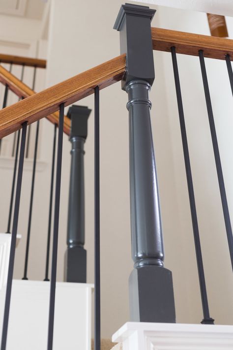 Stair Newel Post Makeover, Painted Newel Post, Newel Post Ideas, Newel Post Makeover, Painted Balusters, Baluster Ideas, Grey Painted Stairs, Newel Cap, Carla Aston