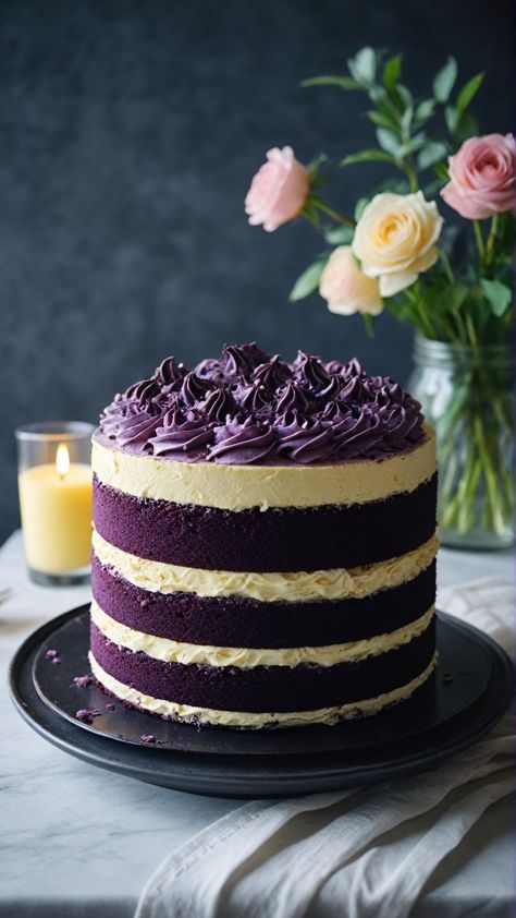 Dive into the elegance of this purple velvet cake, a rich and moist creation with a deep purple hue. Blend cocoa powder with purple food coloring, then bake to perfection and frost with a creamy vanilla buttercream.    Ingredients:    - 2 cups flour - all-purpose, fine and white    - 1/2 cup cocoa powder - rich, dark brown, fine    - 1/4 cup purple food coloring - deep, vibrant purple    - 1 cup sugar - granulated, fine white    - 1 cup butter - softened, unsalted, pale yellow    - 3 large eggs - beaten, golden yolks    - 1/2 cup buttermilk - thick, tangy, slightly Dark Purple Cake, Purple Velvet Cake, Purple Frosting, Purple Velvet Cakes, Purple Food Coloring, Frosting Cake, Purple Cake, Velvet Cake Recipes, Purple Food