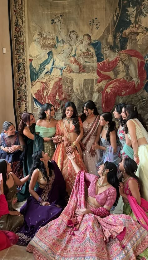 [ desi, south asian, aesthetic, wedding, sabyasachi, bride, bridesmaids, girls ] Desi Bridesmaids Aesthetic, Indian Bride And Bridesmaids, Bridesmaid Pics With Bride, Desi Wedding Bridesmaids, Dream Wedding Indian, Desi Bride Aesthetic, Desi Aesthetic With Friends, Desi Wedding Photoshoot, Friends Wedding Aesthetic