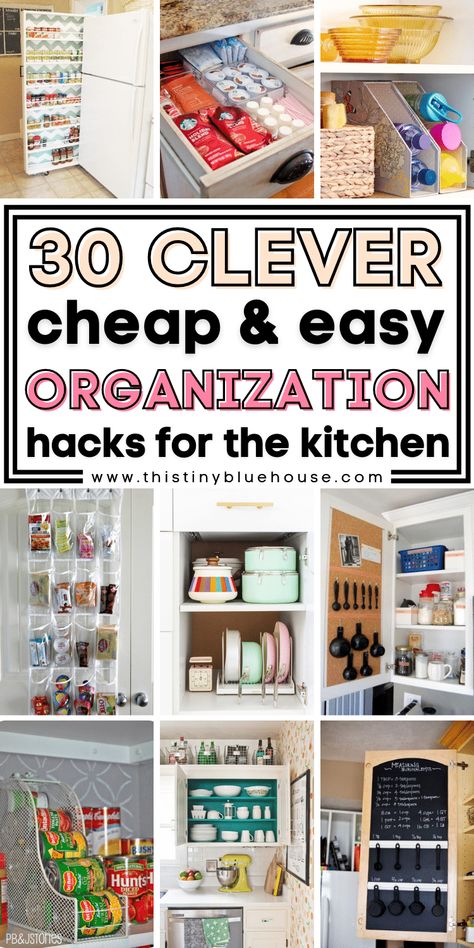 Here are 30 super cheap and easy ways to organize and declutter a small kitchen. These super simple organization hacks are are great organization hacks to help save space in small kitchen spaces. Small Kitchen Tips And Tricks, Cheap Ways To Organize House, Small Kitchen Spaces, Refrigerator Makeover, Small Kitchen Diy, Easy Storage Hacks, Organizing Inspiration, Diy Kitchen Organization, Tiny Pantry