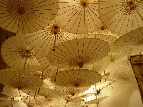 Parasol Ceiling Umbrella Ceiling, Parasol Decor, Chinese Theme Parties, Japanese Parasol, Chinese Umbrella, Paper Parasol, Japanese Umbrella, Umbrella Decorations, Umbrella Lights