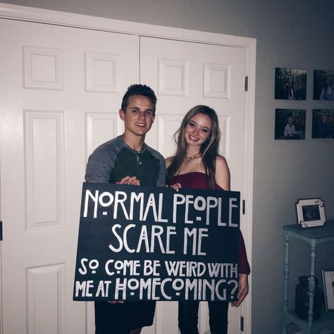 American horror story homecoming proposal                                                                                                                                                                                 More Horror Hoco Proposals, Winter Formal Proposal, Prom Posals, Cute Promposals, Formal Proposals, Dance Proposals, Prom Pictures Group, Promposal Ideas, Prom Proposals