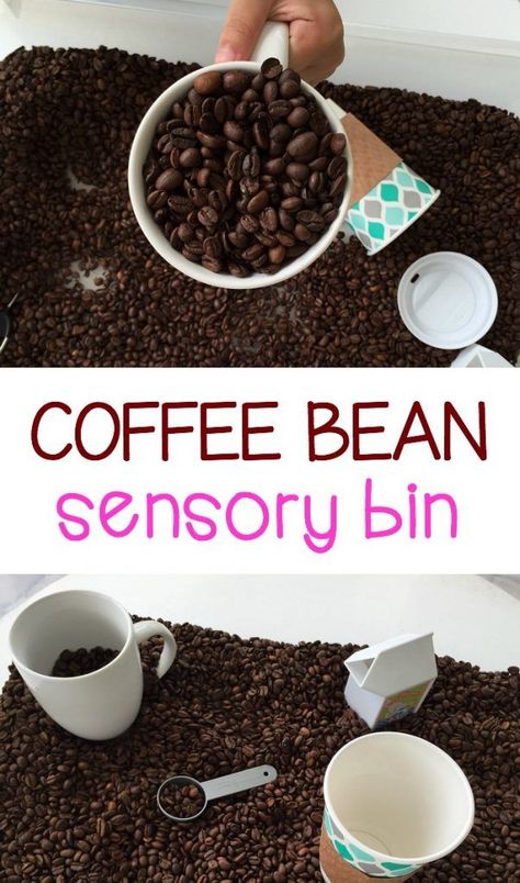 Preschoolers and toddlers will love the smell of the coffee beans during pretend play and exploration in this coffee bean sensory bin! Bean Sensory Bin, Sensory Tubs, Sensory Tub, Sensory Rooms, Toddler Sensory, Sensory Boxes, Sensory Bottles, Sensory Table, Sensory Bin