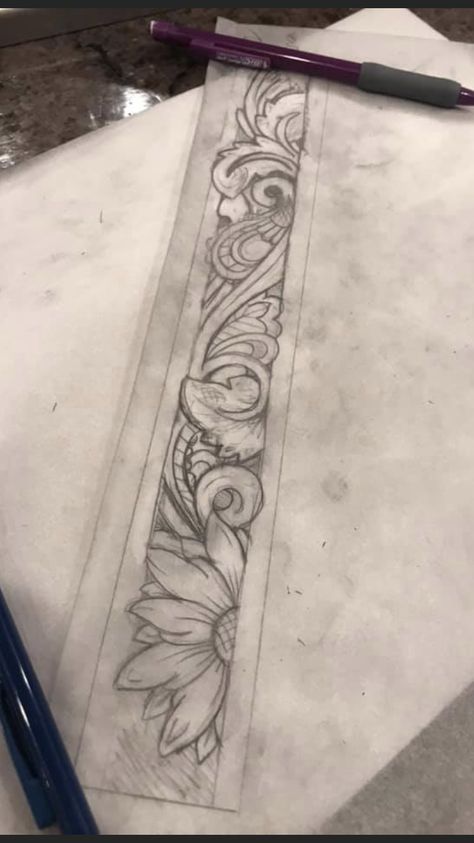 Tooled Leather Drawing, Western Armband Tattoo, Leather Design Tattoo, Leather Work Designs, Tooled Leather Tattoo Design, Floral Tooling Patterns, Hand Tooled Leather Patterns, Western Leather Tattoo, Tooled Leather Design Pattern