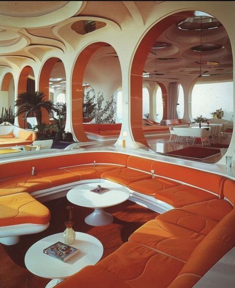 70s Interior Design Retro, Retro Futurism Interior, Futurism Architecture, Space Age Interior, 50s Interior, 70s Interior Design, 80s House, Googie Architecture, 80s Home