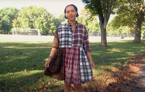 Flannel Dress Diy, Flannel Shirt To Dress Diy, Audrey Hepburn Scarf, Mens Flannel Shirt Refashion, Foundation With A Brush, Diy Pleated Skirt, Shirt Upcycle Diy, Shirt Dress Tutorials, Shirt Dress Diy