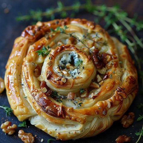 Delight your guests with our “Blue Cheese, Walnut, and Thyme Pull-Apart Puff Pastry Twirl” recipe. This savory treat features layers of flaky puff pastry filled with creamy blue cheese, crunchy walnuts, and fragrant thym... Blue Cheese Pie, Blue Cheese Walnut Thyme Pull Apart, Dinner With Blue Cheese, Blue Cheese Dishes, Puff Pastry Thanksgiving Recipes, Pull Apart Puff Pastry, Recipes With Blue Cheese, Blue Cheese Puff Pastry, Savory Puff Pastry Recipes