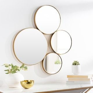 Golden Mirror Round, Next To Mirror Decor, Small Round Mirrors On Wall, Round Mirror Decor Ideas Entryway, Small Mirrors Wall Decor, Multi Mirror Wall Decor, Mirror Decorating Ideas Living Room, Decorating With Round Mirrors, Large Round Mirror Entryway