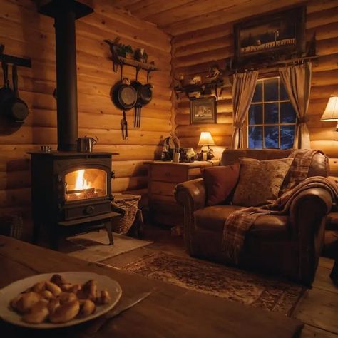 Old Money Cabin Aesthetic, Cosy Fireplace Living Room, Old Cabin Interior, Log Cabin Interior, Cabin Living Room, Cabin Aesthetic, Log Cabin Rustic, Shed To Tiny House, Cabin Interiors