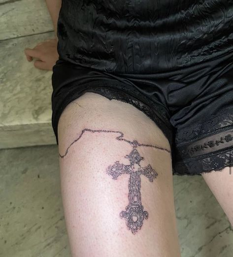 grunge punk tattoo inspo chrome hearts cross tattoo thigh tattoo garter emo tattoo inspi inspiration Paznokcie Hello Kitty, Cute Tats, Tattoo Board, Thigh Tattoos, Jewelry Tattoo, Dream Tattoos, Cross Tattoo, Dope Tattoos, Piercing Tattoo