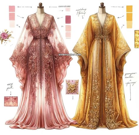 Dorne Inspired Dresses, Arabian Fashion, Empress Dress, Fashion Illustration Face, Arabic Clothing, Arabian Dress, Kaftan Designs, Fairytale Fashion, Fantasy Dresses