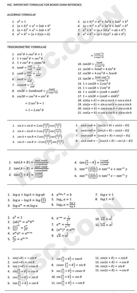 HSC BOARD – IMPORTANT FORMULAS – HSC – Higher Secondary Education Website Maths Algebra Formulas, Math Formula Sheet, Maths Formulas, Math Formula Chart, Algebra Formulas, Formula Chart, Math Websites, Learn Physics, सत्य वचन