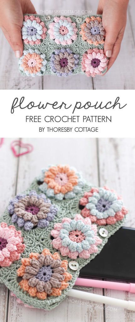 A free crochet pattern for a beautiful flower clutch bag. This is a simple pattern which can easily be adjusted to make a clutch bag of any size. The repeat flower motif is easy to work and the end result is gorgeous! This free crochet pattern uses Scheepjes Catona in a beautiful mix of spring flower colors. Crochet Bag For Crochet Supplies, Crochet Purses And Bags Patterns Free Handbags, Difficult Crochet Patterns, Flower Pouch Crochet Pattern, Spring Crochet Ideas Projects, Bernat Maker Yarn Patterns, Granny Square Pouch Free Pattern, Flower Pouch Crochet, Colorful Crochet Bag