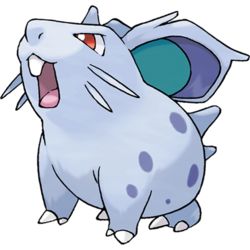 Nidoran♀, the Poison Pin Pokémon. Nidoran♀ is a small, quadruped, rodent-like Pokémon. It has large, spiny ears, oversized front teeth, red eyes, and a pair of whiskers on each cheek. It is light blue with several darker blue spots. There are two white claws on each of its paws. Its back is covered with small toxic spines, and it has a small forehead horn. The poison secreted by the spines and horn is extremely potent, and even a scratch from its horn  can be deadly. Poison Type Pokemon, All 151 Pokemon, Pokemon Types, Pokemon Clipart, Pokemon Fire Red, Pokemon Poses, Pokemon Gen 1, Pokemon Original, Baby Pokemon