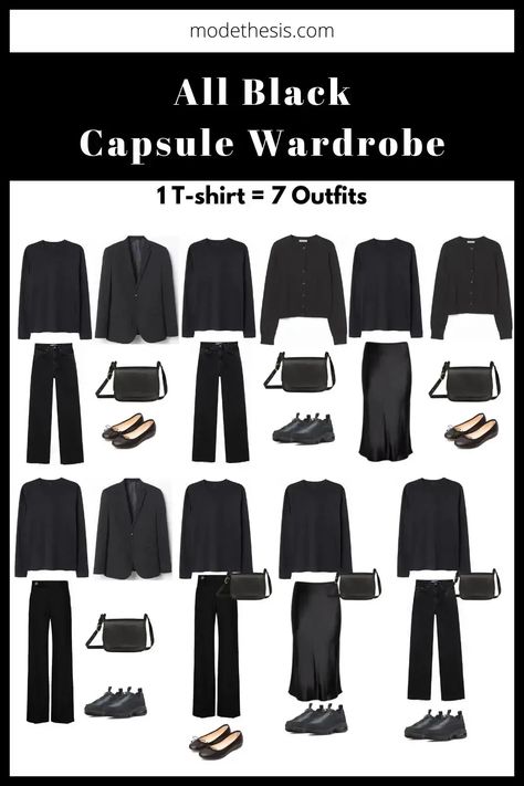 All Black Capsule Wardrobe: 13 Pieces & 30+ Outfits - Mode Thesis All Black Capsule Wardrobe, Black Capsule Wardrobe, Building A Capsule Wardrobe, How To Stay Warm, Winter Outfits For Women, Capsule Wardrobe Women, Black Wardrobe, 30 Outfits, Travel Capsule Wardrobe