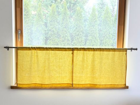 "Add some warmth and brightness to your room with these solid yellow linen cafe curtains. Yellow colour helps you to create welcoming and optimistic vibe in your home. These small cafe curtains will work great for kitchen, bathroom, RV Camper, basement or any other room where you prefer a cheerful vibrant look. Linen cafe curtains are available in various colours and custom sizes for your small, narrow, short or long windows. These linen curtains are made from medium weight eco-friendly Lithuani Alternative Window Coverings, Small Kitchen Window Curtains, Curtain Closet, Linen Cafe Curtains, Small Window Treatments, Pollo Tropical, Curtains Yellow, Half Window Curtains, Windows Curtains