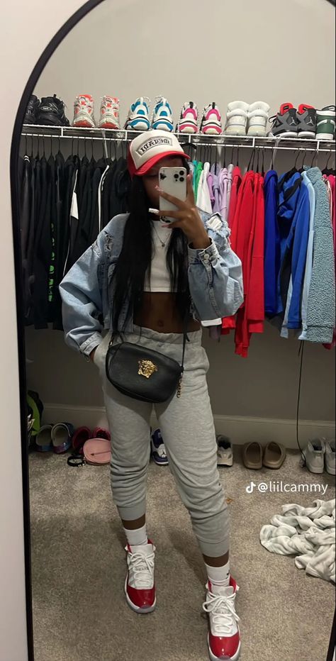 Jordan 12 Cherry Outfit, Cherry 12s Outfit, Hoodie Outfit Black Women, Cherry 11s Outfit, Cute Outfits With Jordans, Cute Chill Outfits, Cute Couple Outfits, Chill Fits, Cute Lazy Day Outfits