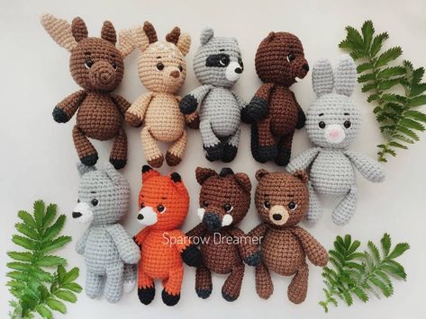 "Woodland baby set toys for playing and educational If you make an order for a set of several different toys - write me which animals you want in \"Personalization\" (you can only write the number of the animal from the photos). Also I take custom orders. If you want a different color - let me know. Available for order: (number on the pic. - animal) 1 - bear 2 - bunny 3 - wolf 4 - fox 5 - raccoon 6 - beaver 7 - moose 8 - deer 9 - owl 10 - skunk 11 - boar 12 - woodpecker 13 - squirrel 14 - opossu Nursery Forest Animals, Baby Wild Animals, Crochet Woodland, Forest Animal Nursery, Moose Deer, Crib Toys, Forest Nursery, Platypus, Crochet Inspiration