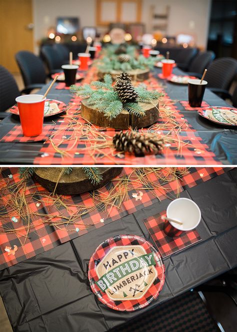 Fall Installation, Buffalo Plaid Birthday, Boy Birthday Party Ideas, Lumberjack Cake, Baby Boy Birthday Themes, Lumberjack Birthday Party, Lumberjack Birthday, Wood Trees, Lumberjack Party