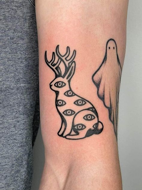 Small Creepy Tattoos, Jackalope Drawing, Apprenticeship Portfolio, Jackalope Tattoo, Tattoo Budapest, Sick Tattoos, Atlas Tattoo, Ipad Inspo, Traditional Tattoo Inspiration