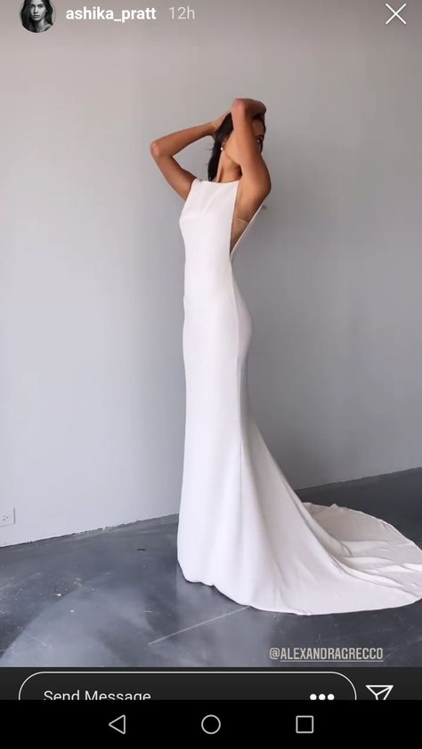 High V Neck Wedding Dress, Boat Neck Open Back Wedding Dress, Minimal Glam Wedding Dress, High Neck Flowy Wedding Dress, Wedding Dresses Boat Neck, Wedding Dresses Clean, Wedding Dress For Tall Slim Bride, Simple Wedding Dress With Train, All Black Guest Wedding