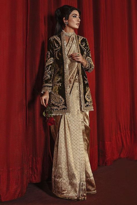 12 Different Ways To Wear A Jacket With A Saree! | WedMeGood Saree Jacket Designs, Saree Jackets, Green Velvet Jacket, Bridal Dress Design, Stylish Party Dresses, Pakistani Designers, Velvet Jacket, Indian Fashion Dresses, Party Wear Dresses