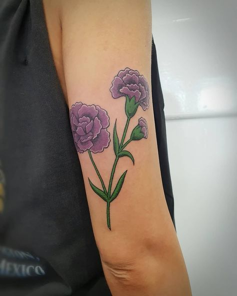 Purple Carnation Tattoo, Traditional Carnation Tattoo, Carnation Flower Tattoo, Mum Tattoo, Carnation Tattoo, Purple Tattoos, Purple Carnations, Bouquet Tattoo, Carnation Flower