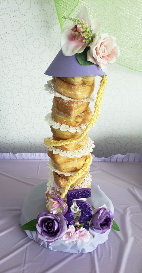 Rapunzel Donut Tower, Quince Desserts, Tangled Quince, Donut Tower, Rapunzel Tower, Rapunzel Birthday, Princess Theme Birthday, Princess Theme, Theme Birthday